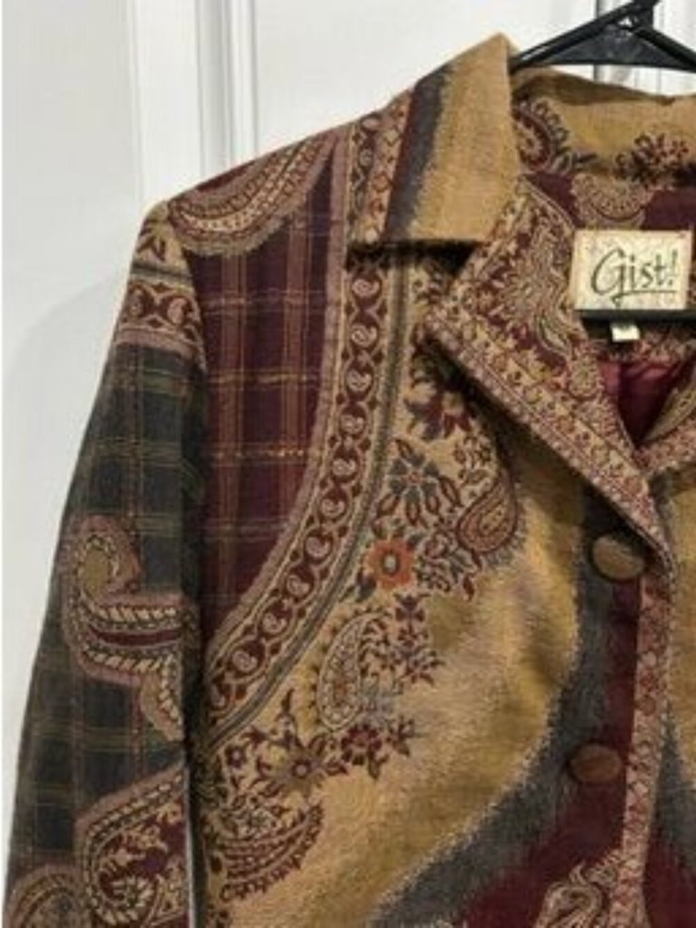 Gist Medium Vintage Paisley Patchwork Button Up Collared Jacket Boho Chic View 4